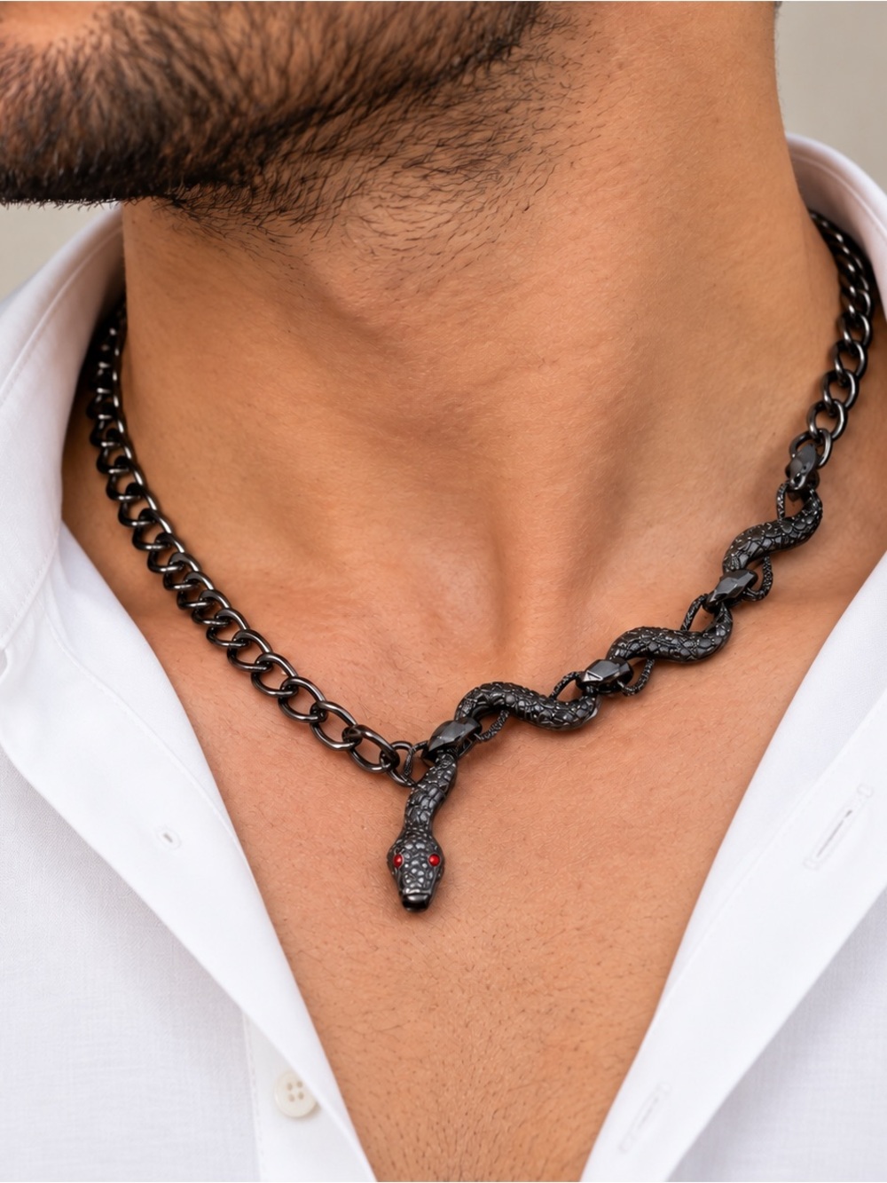 Black Snake Statement  Unisex Necklace with Red Eyes- Gothic Punk Chain Choker